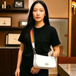 Coach Jess Baguette Pebble Leather Rainbow Strap Crossbody Bag White